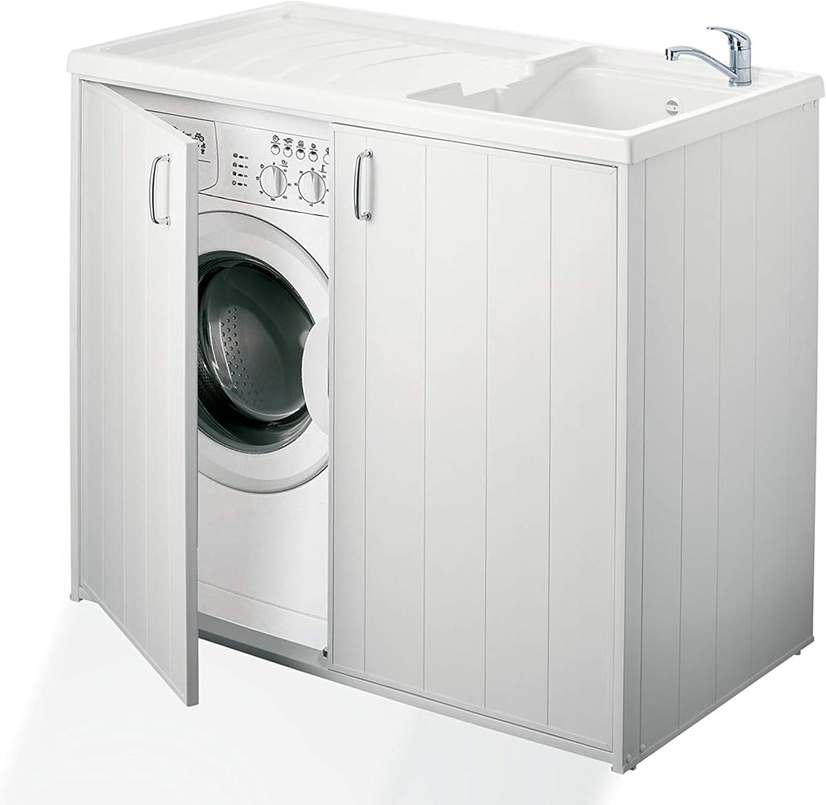 Negrari 6008S mueble para lavadero 109 x 60 x 94 cm - Resina blanca con cubierta reversible - Instalación de suelo - Mueble moderno para fregadero y cuarto de lavado