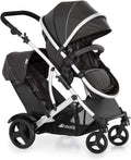 Silla de paseo gemelar - Marco de aluminio color negro - Dos asientos con arnés de 5 puntos y protector de lluvia - Cochecito doble hasta 15 kg por niño
