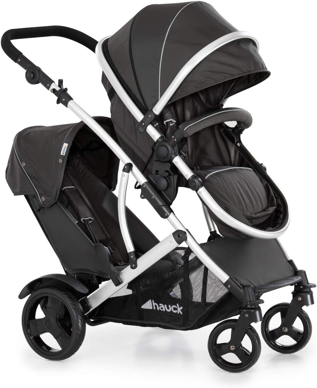Silla de paseo gemelar - Marco de aluminio color negro - Dos asientos con arnés de 5 puntos y protector de lluvia - Cochecito doble hasta 15 kg por niño