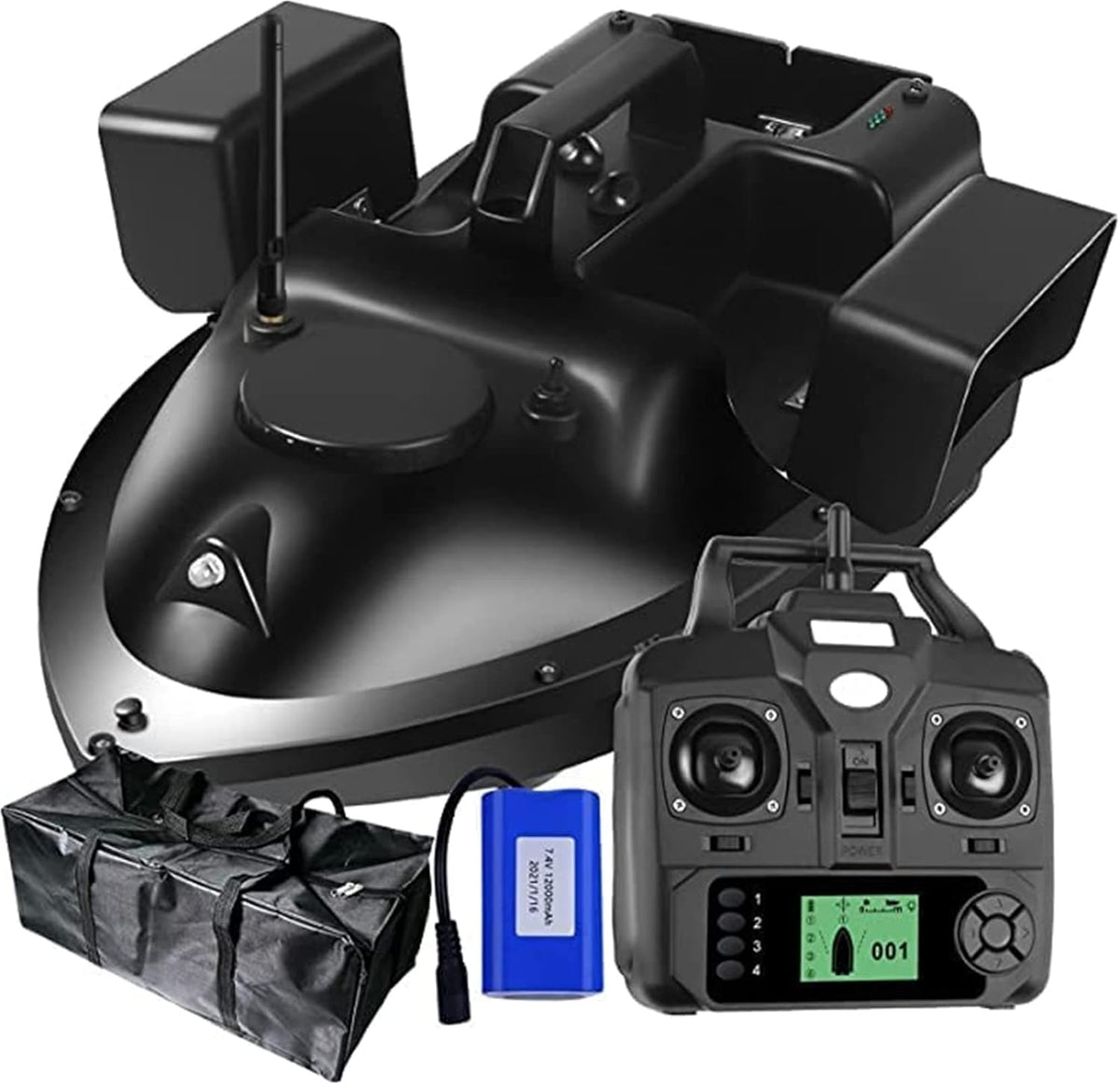 Barco cebo pesca RC GPS control remoto motor dual alimentacion automatica retorno 500m bateria 12000mAh ABS resistente agua negro