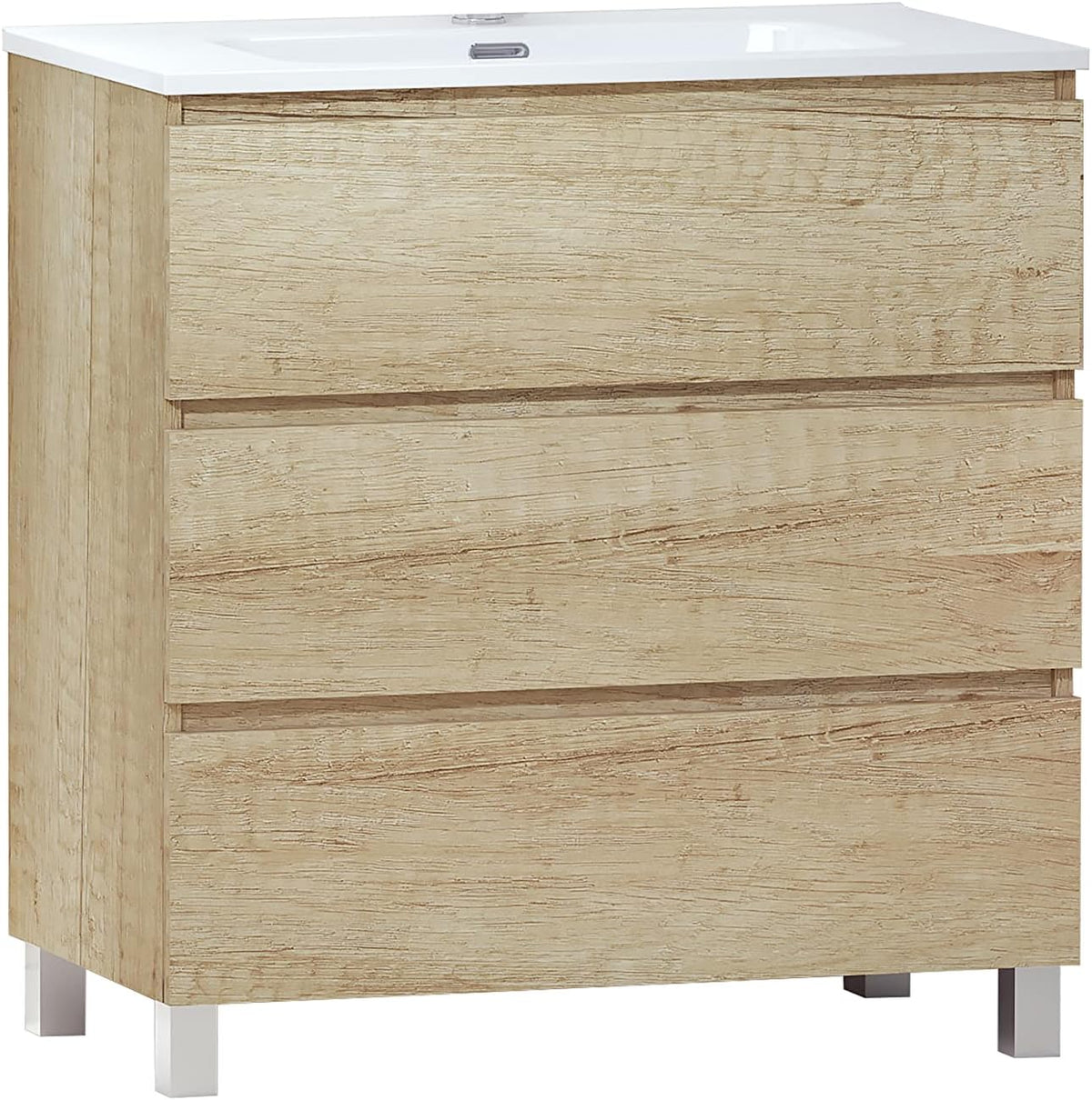 Mueble de baño con lavabo cerámico - Melamina de 16 mm color Nature - Tres cajones con patas y montaje en suelo - Diseño funcional para baño