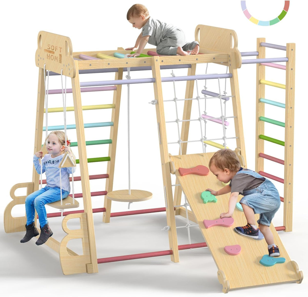 Gran Estructura de Escalada Infantil 10 en 1 de Madera Maciza - Parque de Juegos con Balanceo Columpio Monopatín - Seguridad Antivuelco Uso Infantil - Interior y Exterior