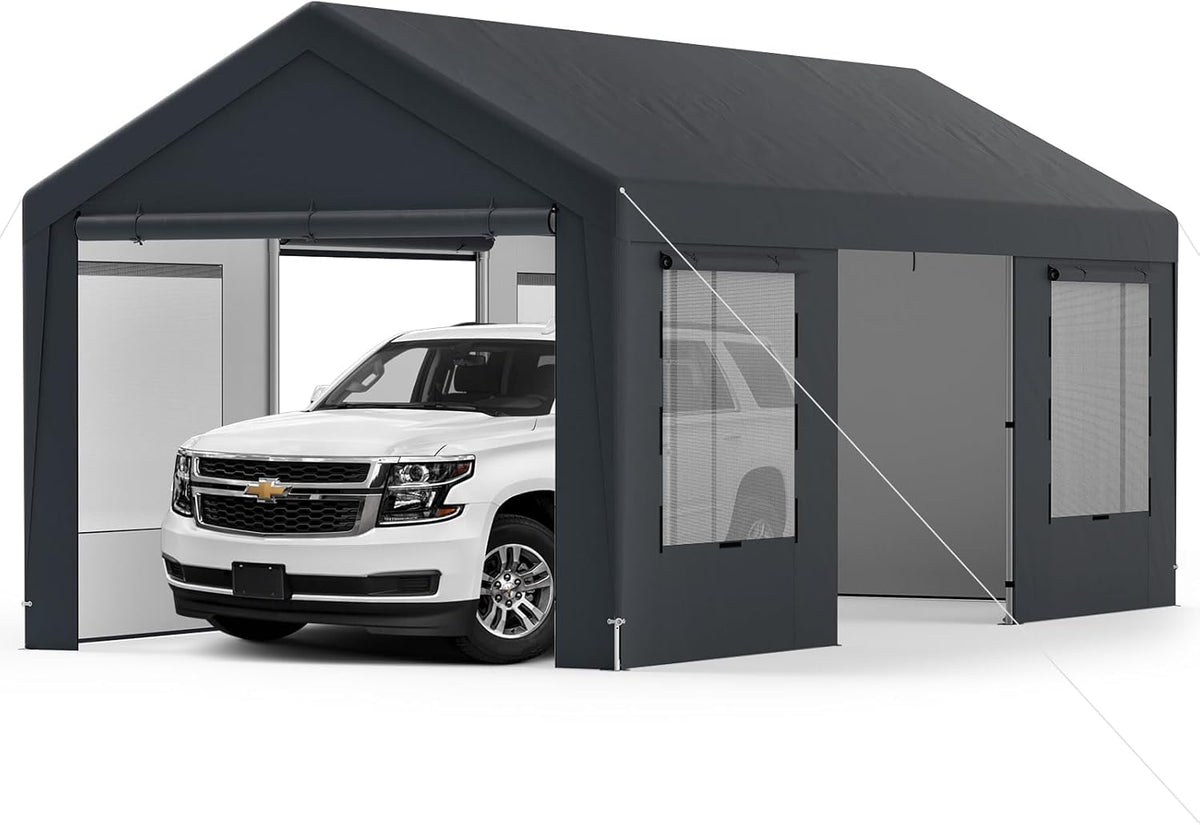 COSTWAY Garaje exterior para coche - Hierro y polietileno gris de 5,95 x 3 x 2,8 m - 8 paredes desmontables con ventanas ventiladas - Puertas enrollables para SUV y camión