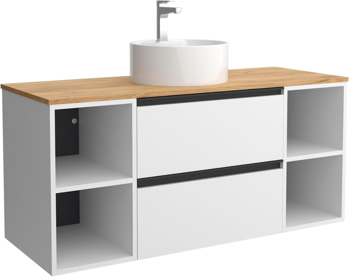 Mueble de baño con lavabo 120 cm - Madera y cerámica en blanco mate - Lavabo de porcelana sobre encimera centrado - Conjunto montado de estilo moderno