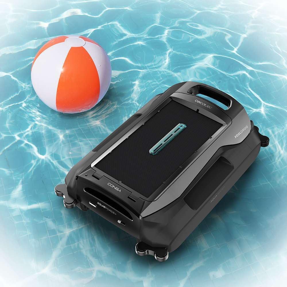 Cecotec Conga Pooldroid AquaSkater robot piscina - Autonomía hasta 16 h con carga solar - Cesta 4,5 L y filtro 187,5 um - Sensores ultrasónicos para superficie y flotación