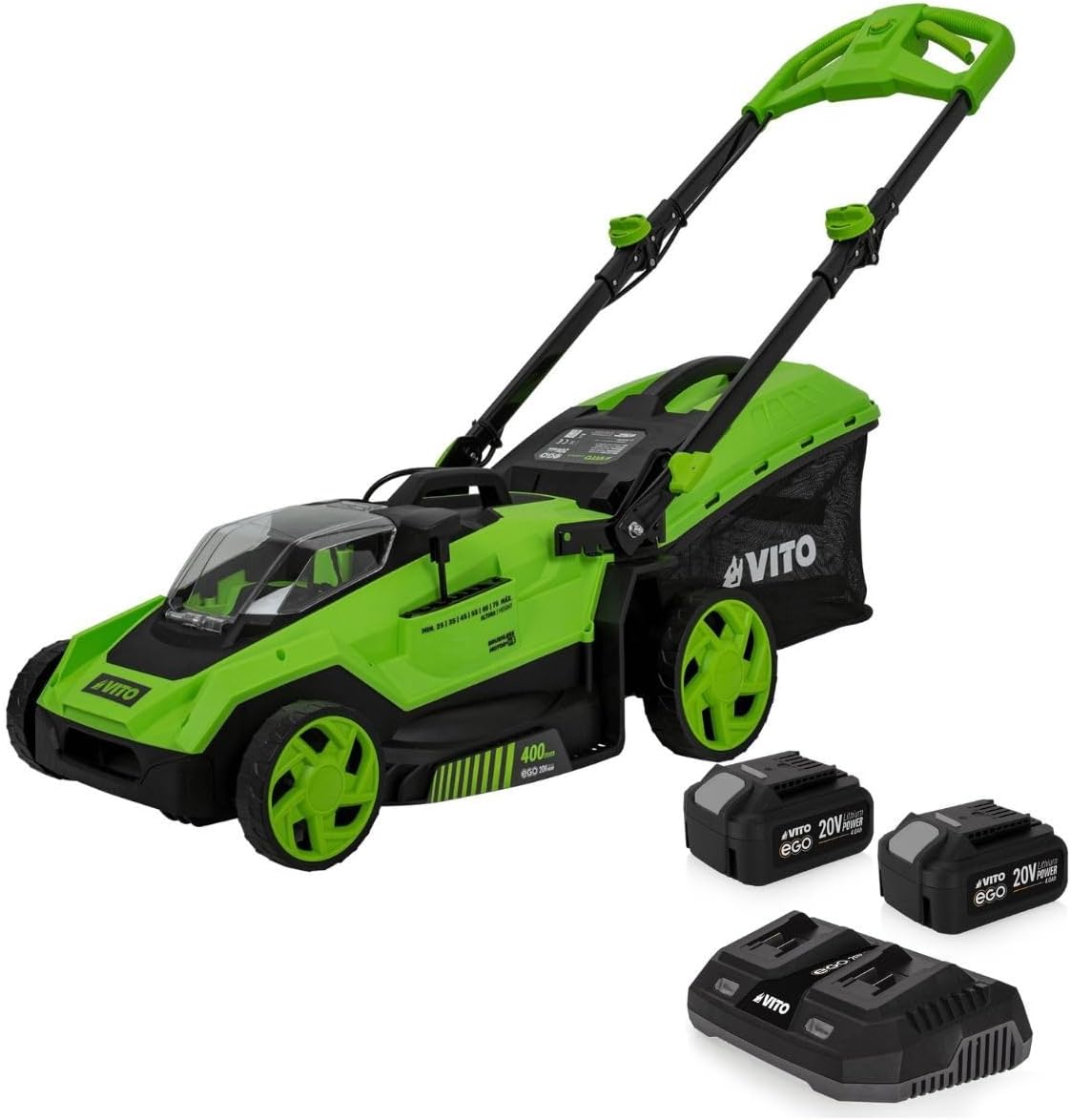 VITO cortacésped inalámbrico 40 V - Ancho 40 cm para césped hasta 600 m2 - 2 baterías 3 Ah y cargador doble - Motor sin escobillas con bolsa 40 L