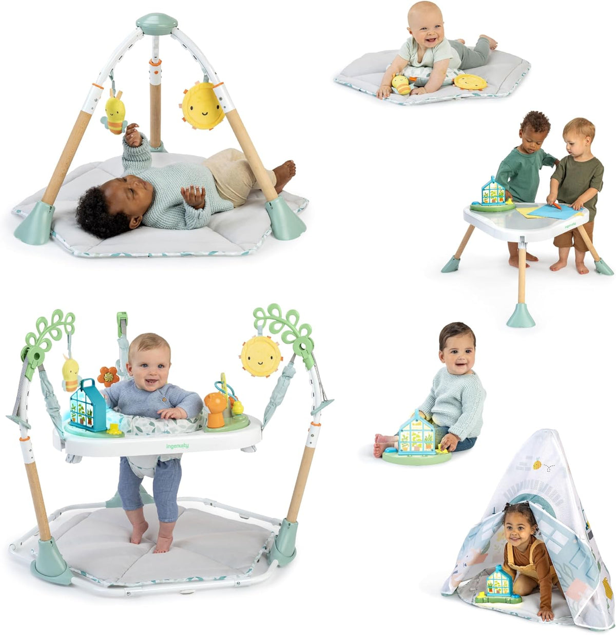 Ingenuity Centro de Actividades 6 en 1 Tummy to Toes Saltador Mesa de Juego Alfombra Musical y Casita para Bebés de 0 a 48 Meses