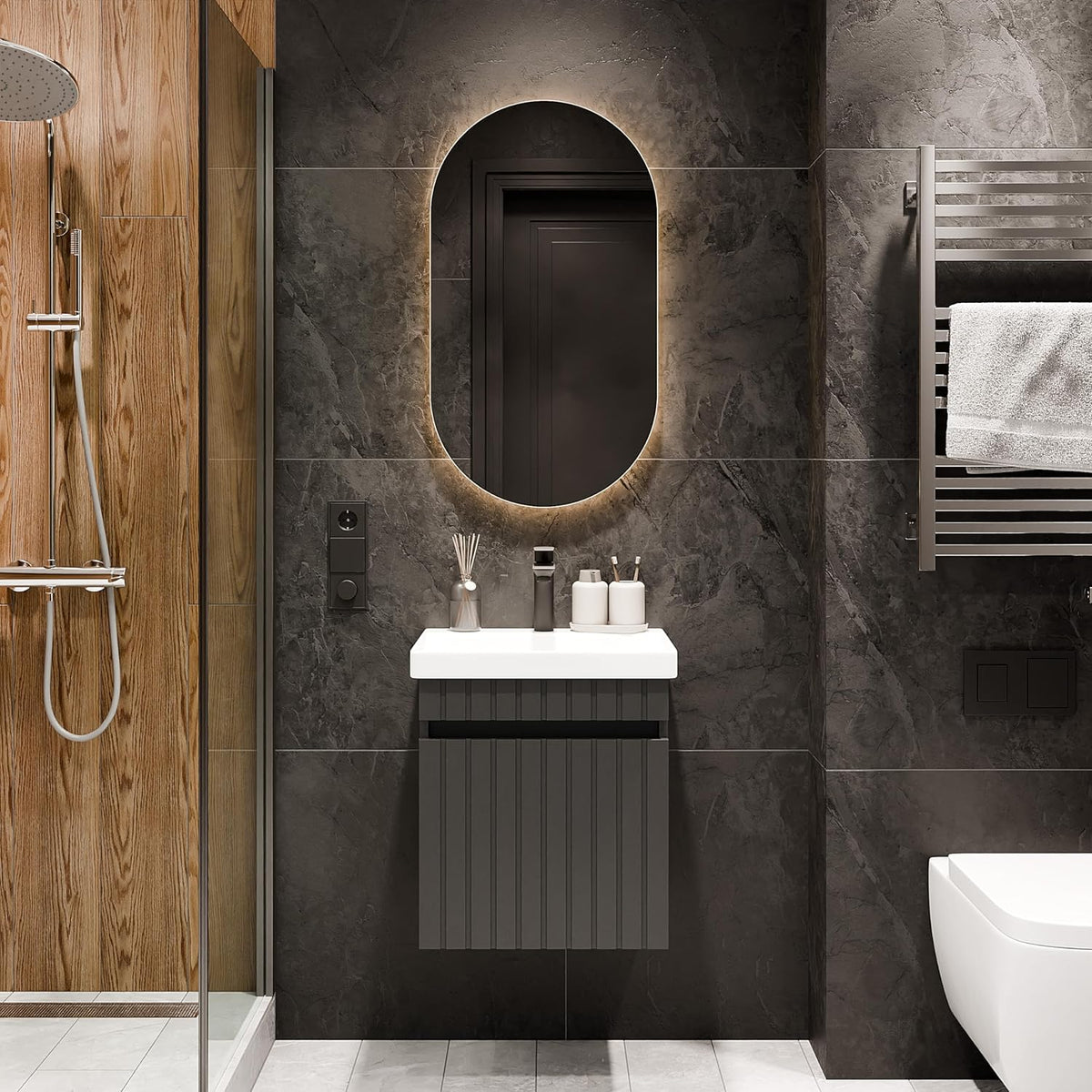 Planetmobel Cosmia conjunto de muebles de baño 60 cm - Mueble antracita con lavabo cerámico - Espejo iluminado de 50 cm - Grifo negro y cajón para baño moderno