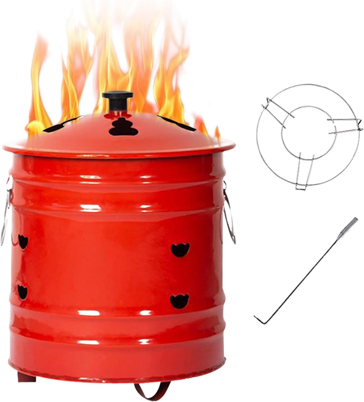 Incinerador metálico de jardín con tapa - Brasero esmaltado rojo para hojas papel y leña - Ventilación para combustión controlada - Diseño portátil para uso exterior