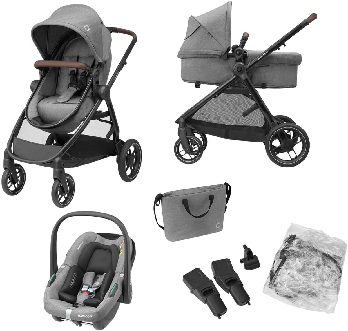 Maxi-Cosi Zelia S Trio cochecito bebé 3 piezas - Desde nacimiento hasta 4 años y 22 kg - CabrioFix S i-Size y arnés 5 puntos - Plegable gris con bolso cambiador