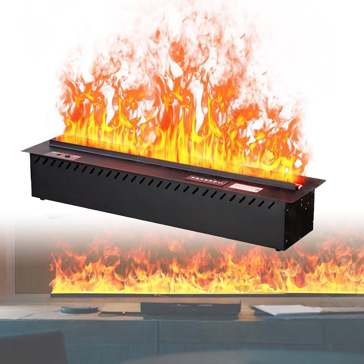 Chimenea eléctrica 3D Mist 80 cm - Humidificador con efecto de llama atomizada - Iluminación LED de 8 colores - Control remoto y pantalla táctil negra