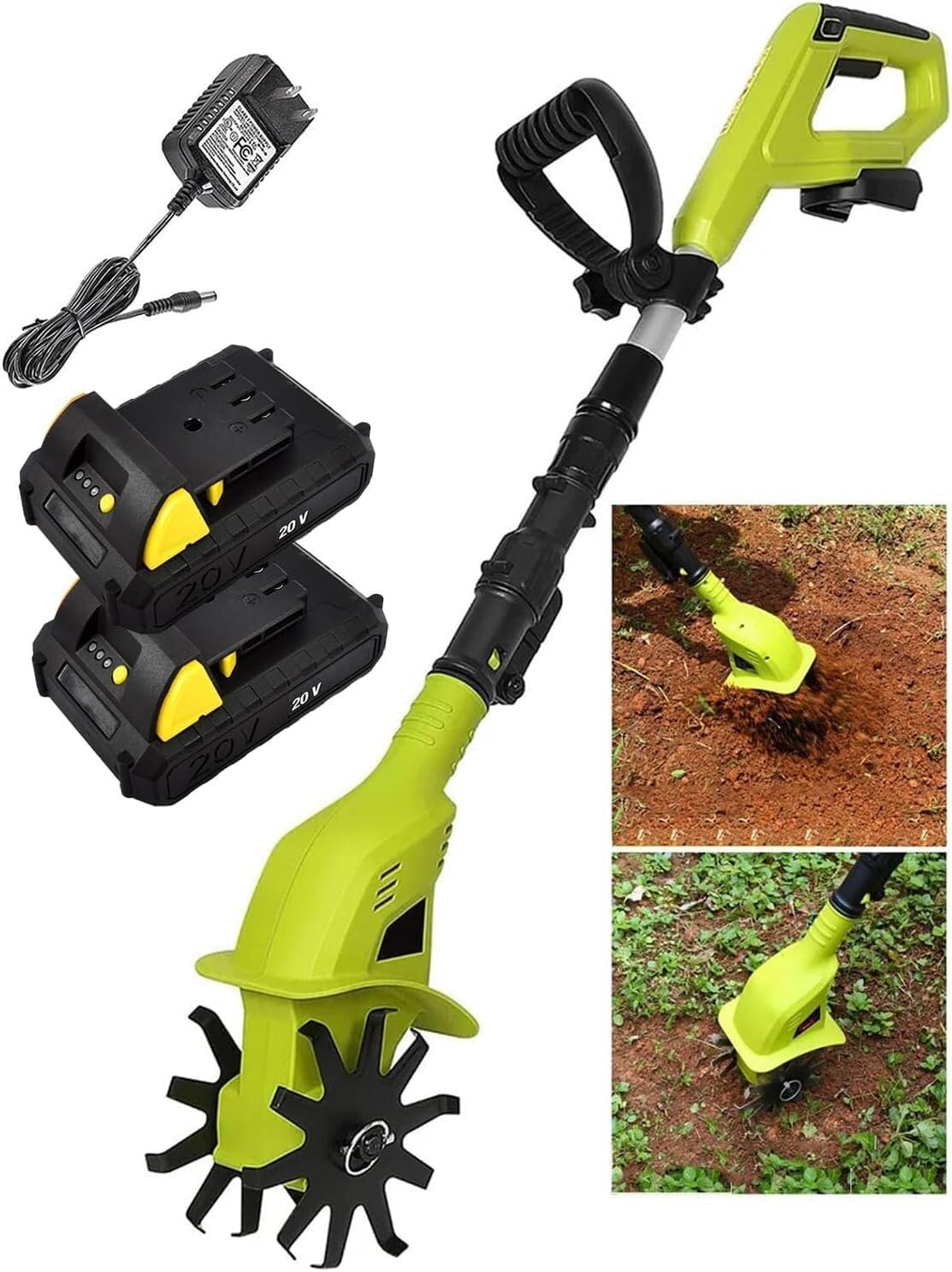 Motocultor eléctrico inalámbrico 20 V - 2 baterías de 2000 mAh y cargador - Labranza de 10 cm y profundidad 25 cm - Mango telescópico y cuchillas de acero al manganeso