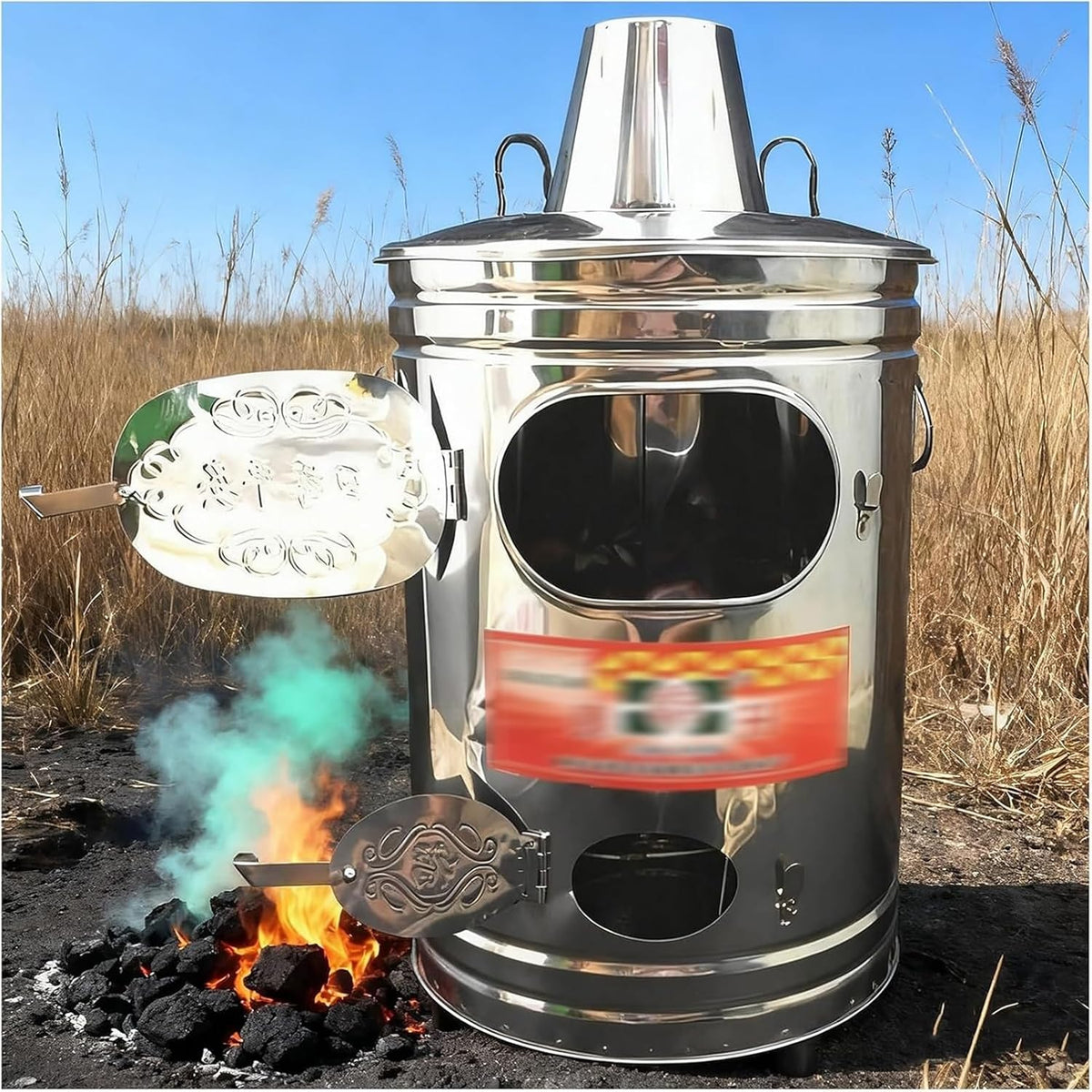Incinerador portátil de acero inoxidable 410 - Formato de 37 x 66 cm con puerta lateral - Ventilación superior e inferior - Tubo de humo de aluminio de 2 m incluido