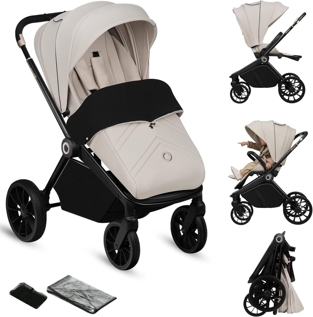 Cochecito infantil plegable - Aluminio y poliéster beige - Respaldo y reposapiés ajustables con ruedas giratorias 360 - De 6 a 48 meses hasta 22 kg