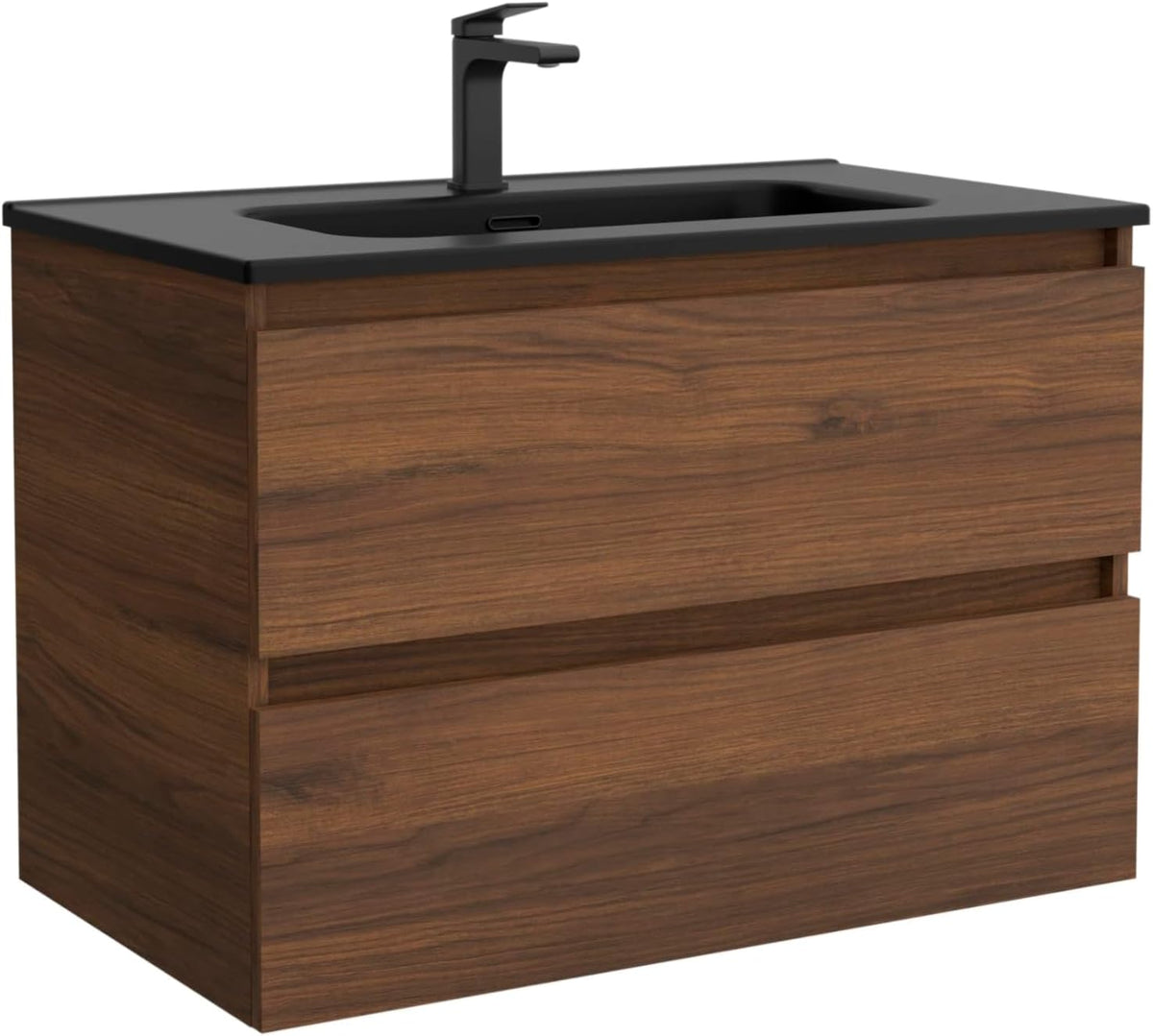 Mueble de baño con lavabo 80 cm - Madera acabado nogal y lavabo negro de porcelana - Un cajón y montaje en suelo - Diseño moderno de panel liso