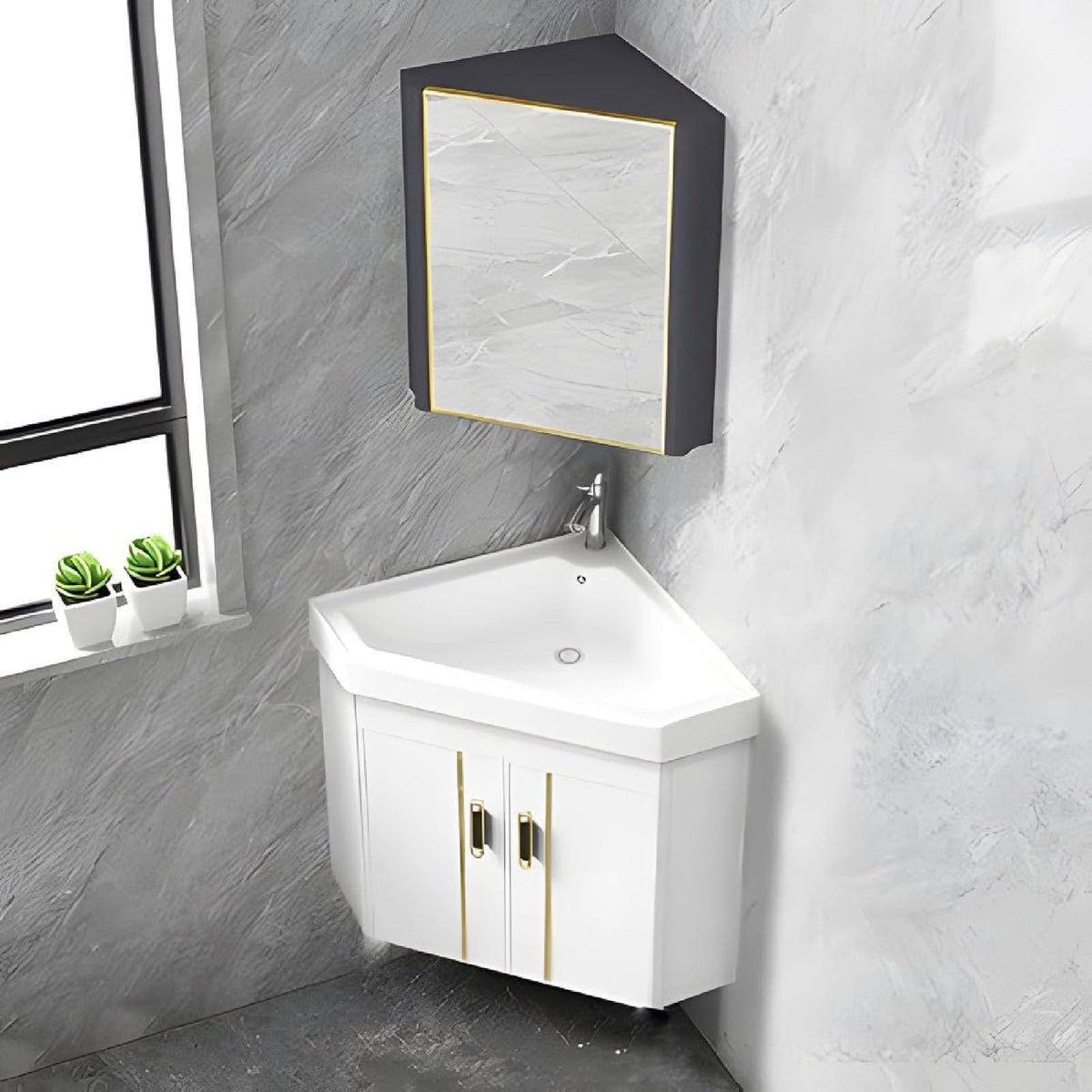 Lavabo esquinero con armario - Cerámica de caolín con esmalte de triple capa - Grifo de agua fría y caliente incluido - Instalación mural o de pie para espacios compactos