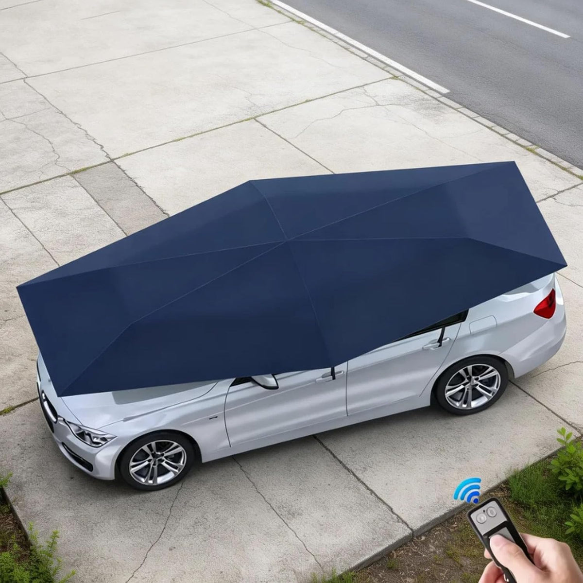 Cochera automática 4,2 m para coche - Tejido Oxford 210D con estructura en Y - 3 baterías 2200 mAh y control remoto - Protección solar lluvia granizo y nieve