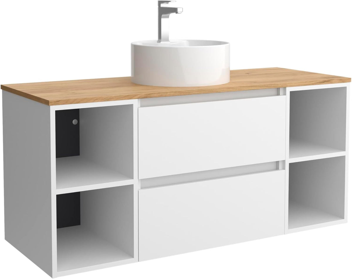 Salgar Bequia mueble de baño 120 cm - Madera y cerámica blanco mate - 2 huecos con cierre suave - Encimera y lavabo de sobreponer para instalación de suelo