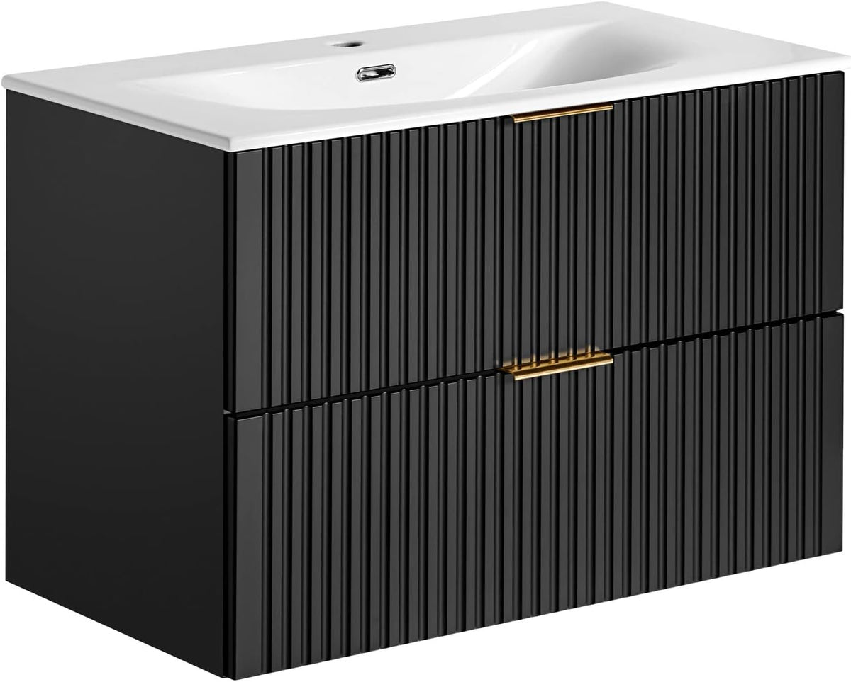 PIASKI ADEL Black mueble de lavabo 80 cm - Madera negra 80 x 46 x 57 cm - Sistema de cierre suave - Mueble suspendido para lavabo empotrado o encimera