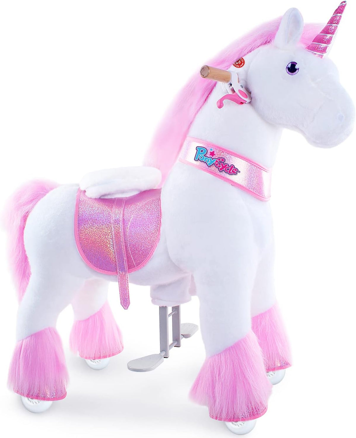 PonyCycle Unicornio Rosa Modelo U402 Juguete Montable con Ruedas y Frenado para Niños de 4 a 7 Años