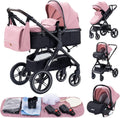 YAZOCO carrito bebé 3 en 1 - Sistema modular hasta 36 kg - Marco de aluminio con arnés 5 puntos - Plegable rosa con asiento de vista alta y compatible con silla de coche