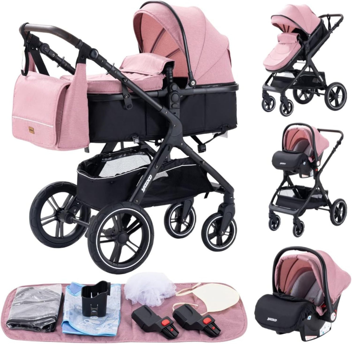 YAZOCO carrito bebé 3 en 1 - Sistema modular hasta 36 kg - Marco de aluminio con arnés 5 puntos - Plegable rosa con asiento de vista alta y compatible con silla de coche