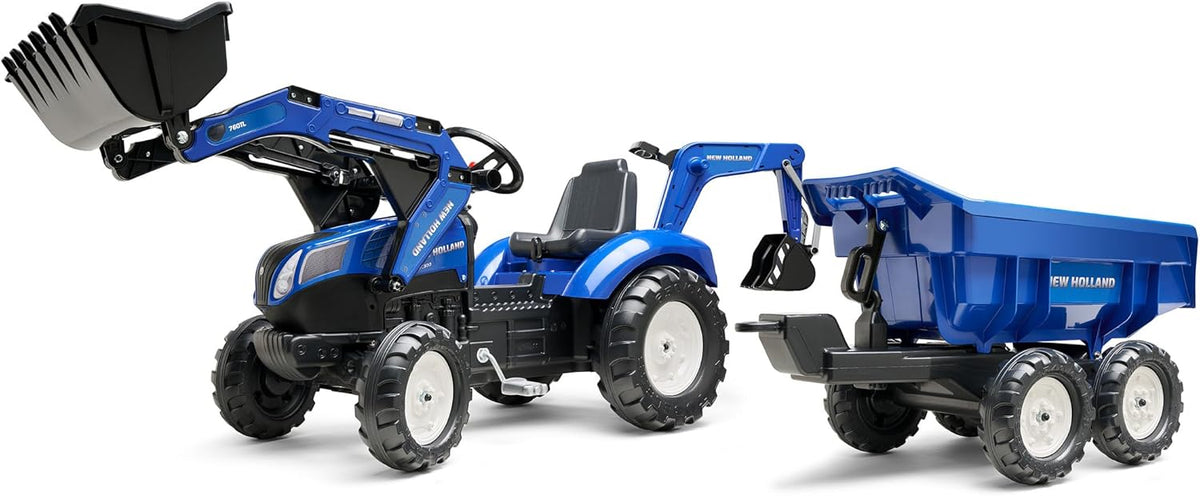 FALK retroexcavadora de pedales New Holland para niños excavadora frontal y trasera remolque basculante asiento giratorio fabricado en Francia 3 anos