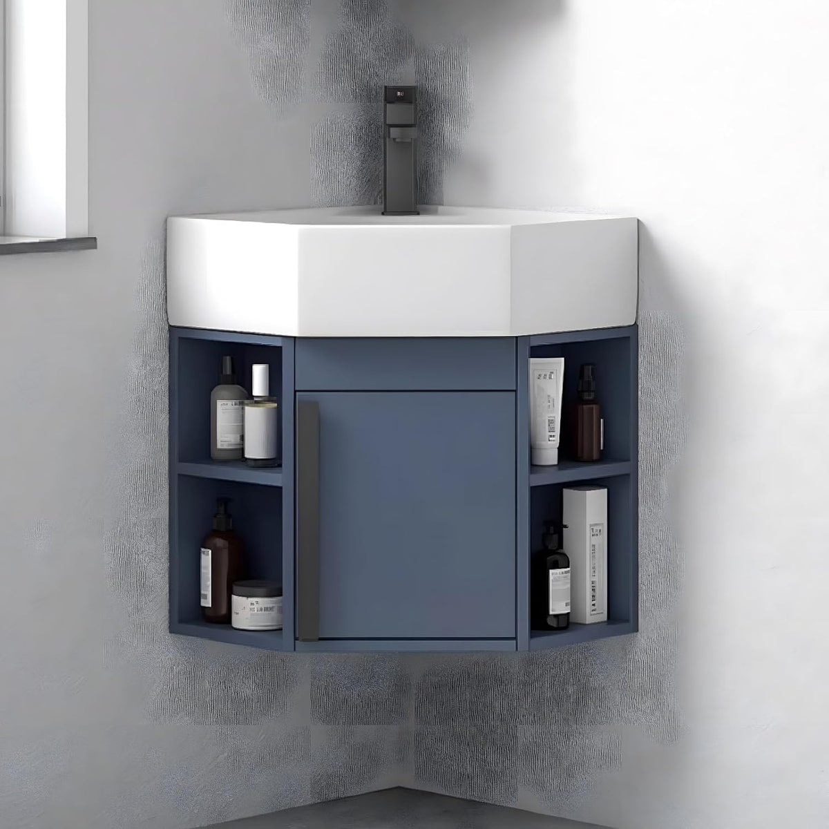 Armario de baño esquinero con lavabo 40 cm - Color azul - Grifo cromado superior y desagüe incluidos - Montaje en pared para espacios pequeños