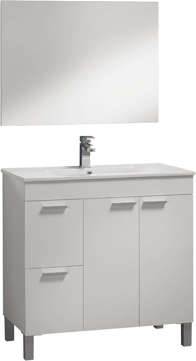 Sabela mueble de baño 80 x 80 x 45 cm - Lavabo PMMA y acabado blanco brillo - 2 cajones y 2 puertas - Mueble moderno para almacenamiento y zona de aseo
