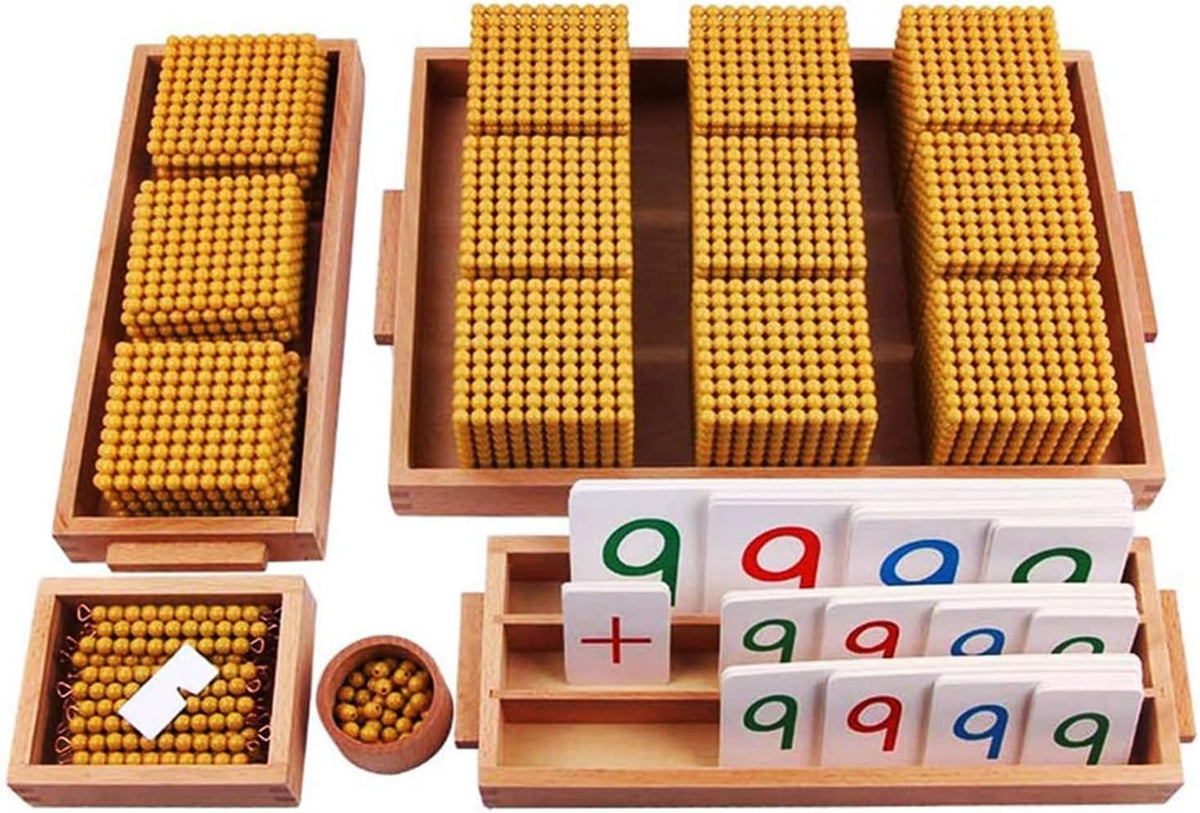 Material Montessori matemáticas madera - cuentas doradas sistema decimal - tarjetas bandejas primaria infantil