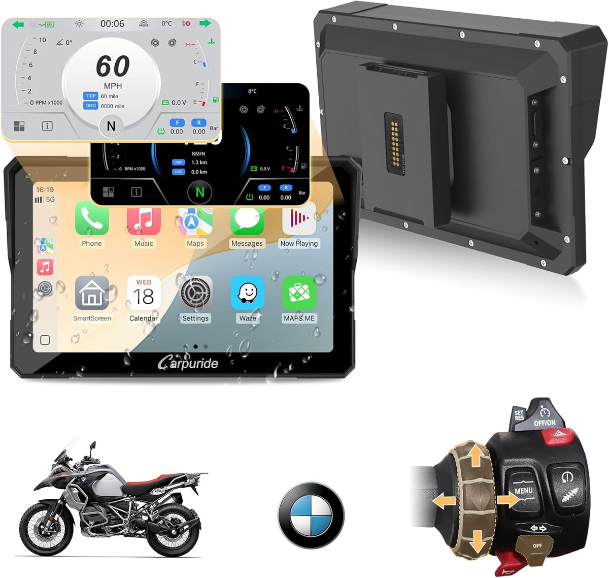 Pantalla motocicleta 7 pulgadas impermeable - CarPlay Android Auto inalámbrico - Bluetooth dual montaje manillar