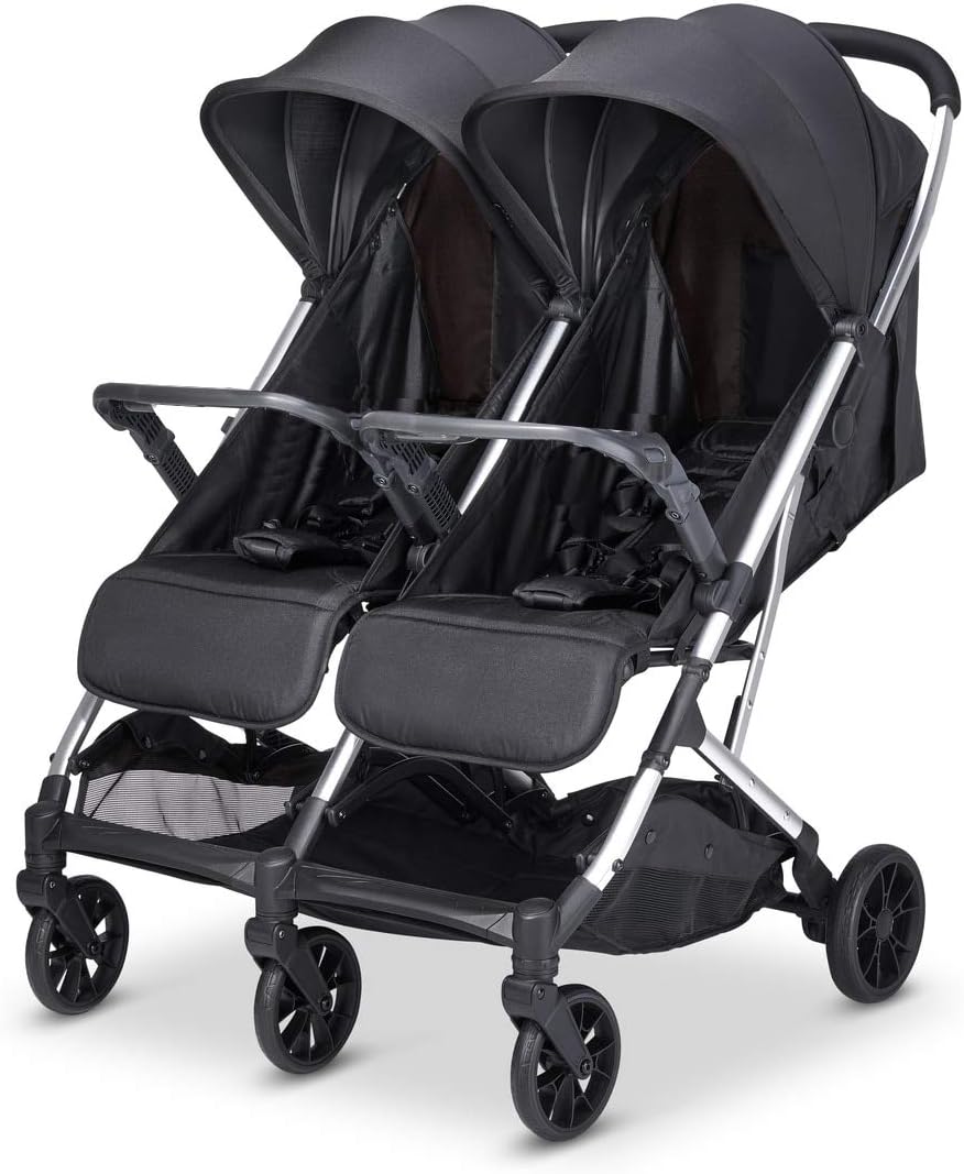 Silla de paseo gemelar - Marco de aluminio y metal color gris - Dos plazas con arnés de 5 puntos - Cochecito doble ligero y compacto hasta 22 kg