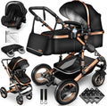 KIDUKU carrito bebé 3 en 1 - Capazo sillita de coche ECE R129 y cambiador - Marco de aluminio con arnés 3 puntos - Negro cobre dorado con cubrepiés