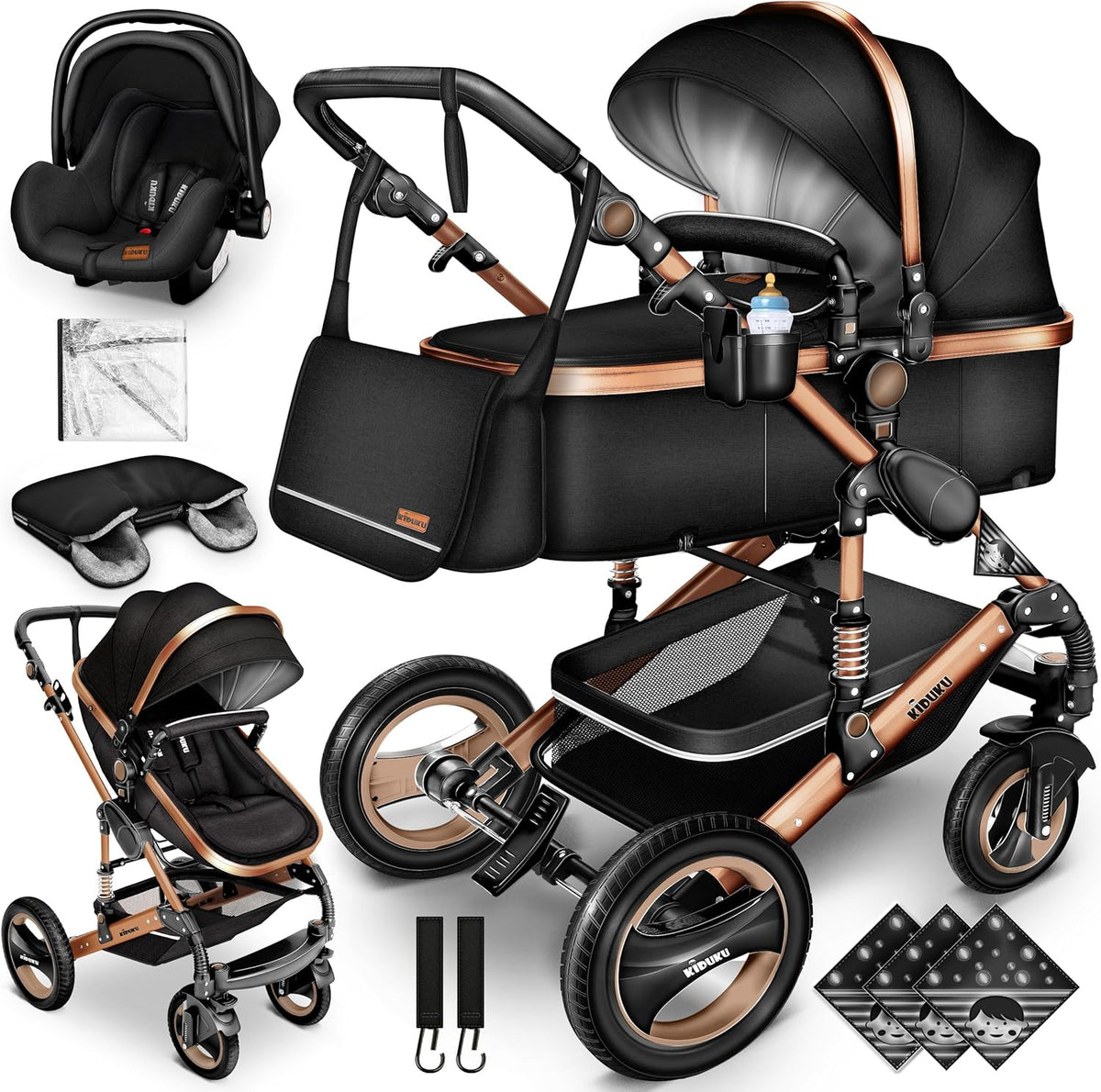 KIDUKU carrito bebé 3 en 1 - Capazo sillita de coche ECE R129 y cambiador - Marco de aluminio con arnés 3 puntos - Negro cobre dorado con cubrepiés