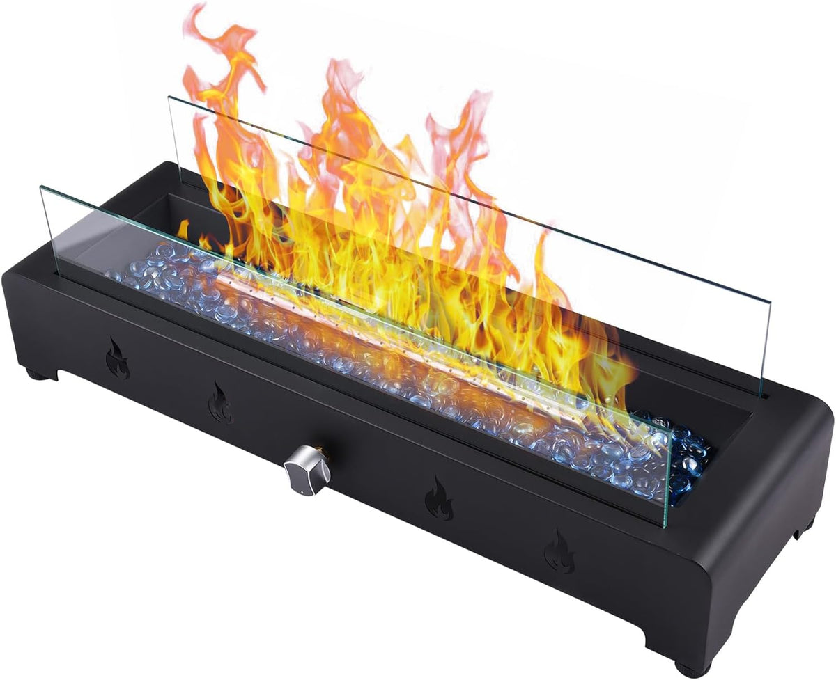Brasero de mesa rectangular - Vidrio templado y hierro negro - Hoguera decorativa para exterior - Para patios traseros terrazas y fiestas en la playa