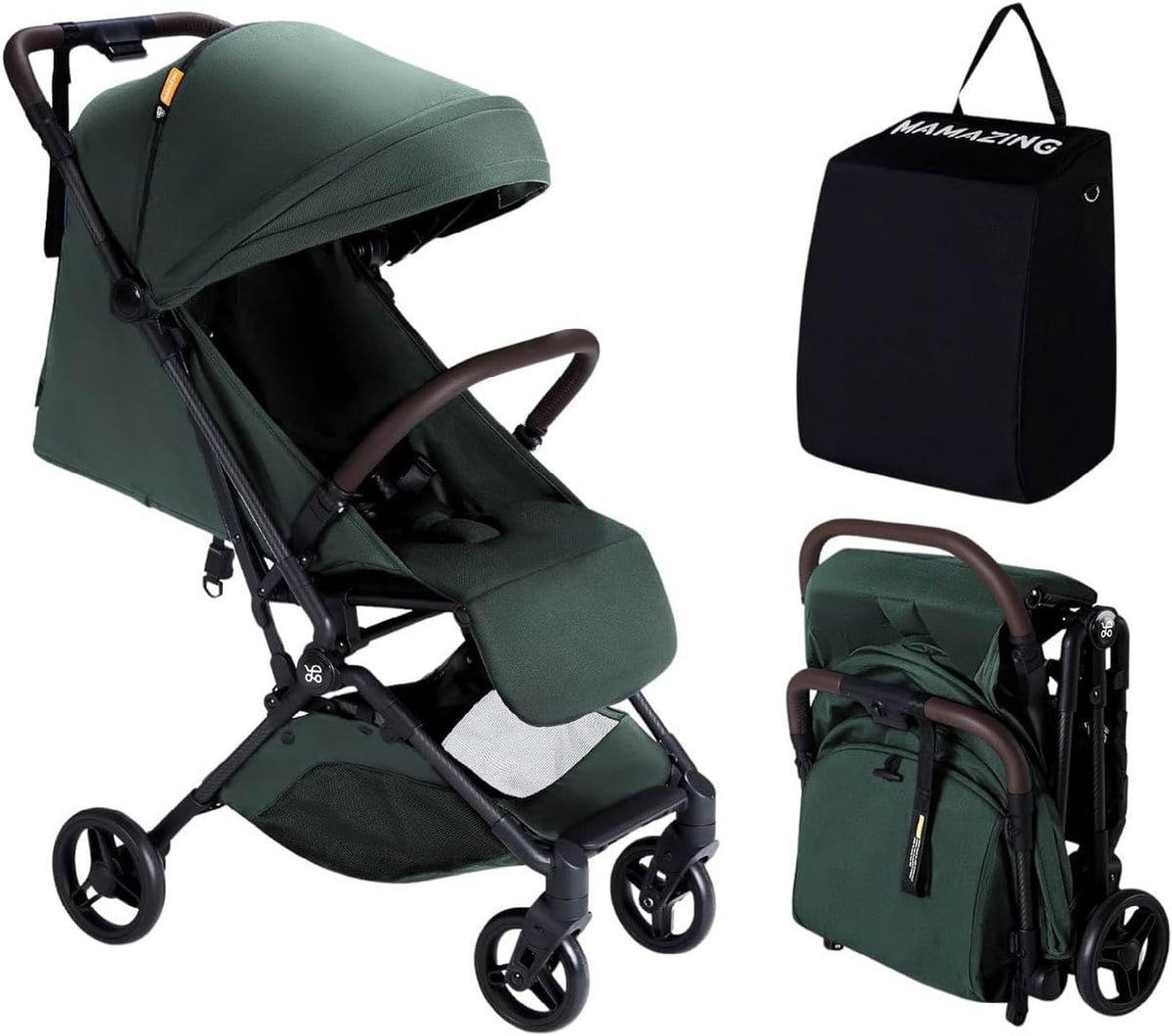MAMAZING silla de paseo fibra de carbono - De 6 meses a 4 años y 15 kg - Peso 5,26 kg con arnés 5 puntos - Plegable con una mano verde para viaje y avión