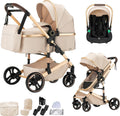 Cochecito de bebé 3 en 1 - Marco de aluminio color beige H9 - Sistema modular con asiento compatible con silla de coche - Plegable desde nacimiento hasta 22 kg