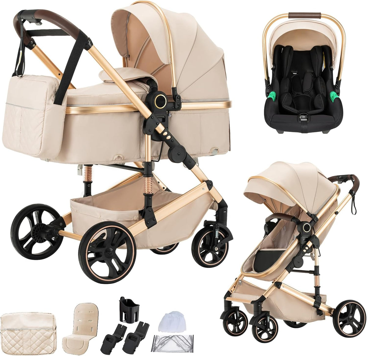 Cochecito de bebé 3 en 1 - Marco de aluminio color beige H9 - Sistema modular con asiento compatible con silla de coche - Plegable desde nacimiento hasta 22 kg