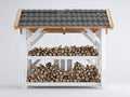 Leñero de jardín 230x75x185 cm - madera blanca y techo gris - diseño exterior ventilado