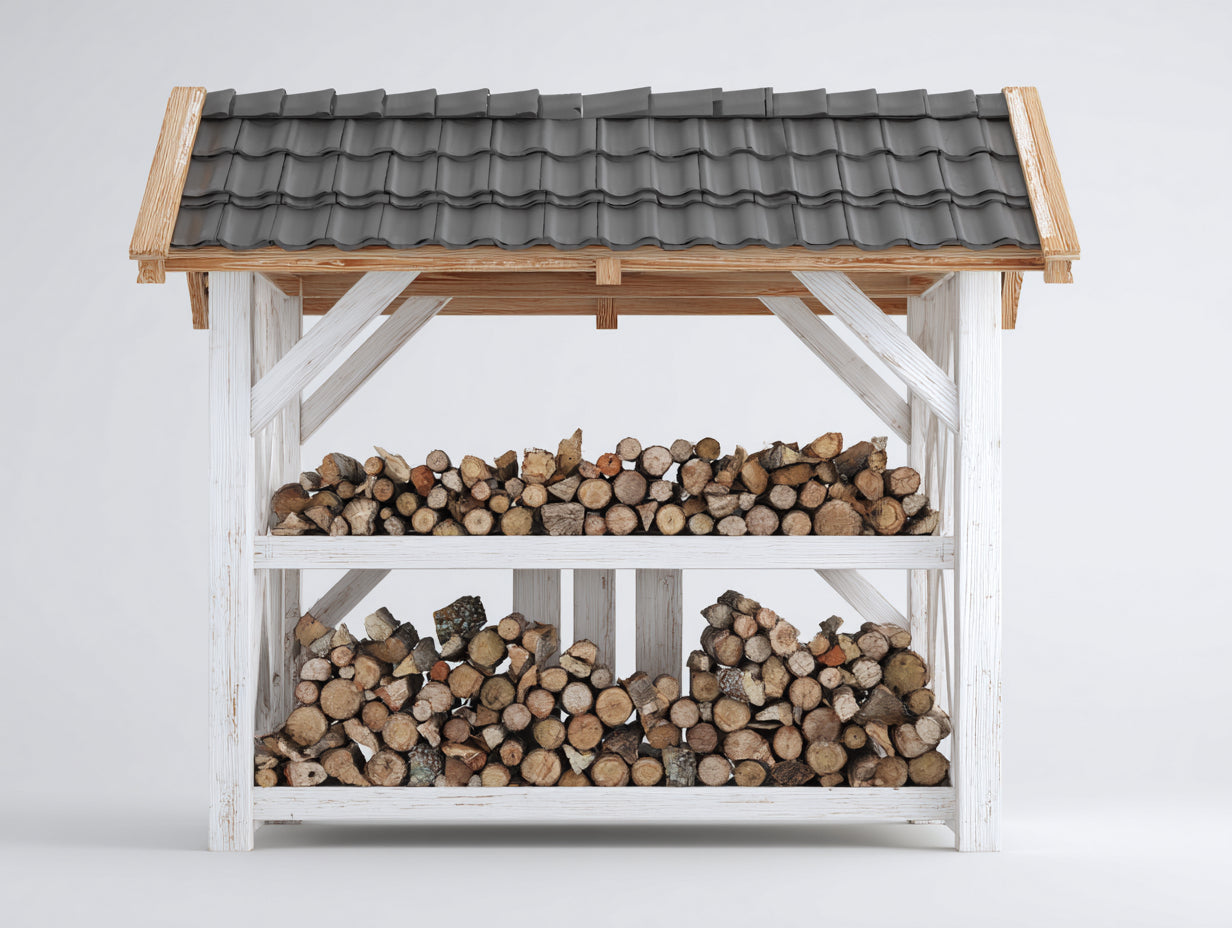 Leñero de jardín 230x75x185 cm - madera blanca y techo gris - diseño exterior ventilado