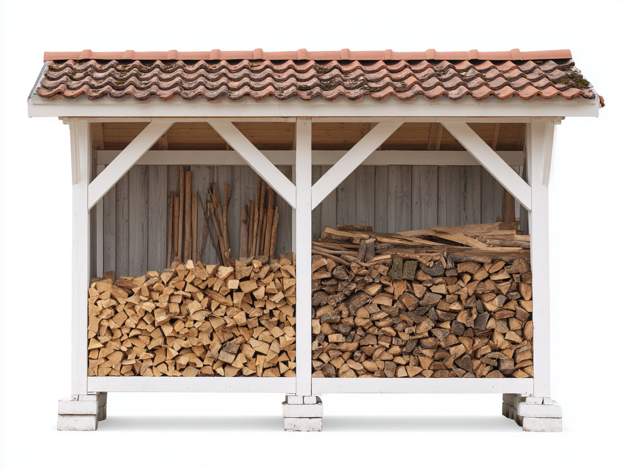 Leñero de jardín madera 220x75x185 cm blanco y marrón - diseño exterior con techo inclinado