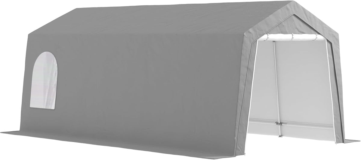 Outsunny Cobertizo garaje exterior - Polietileno gris de 3 x 5,97 x 2,57 m - Marco de acero galvanizado impermeable - Puerta enrollable para motos bicicletas y herramientas