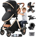 Cochecito bebé 3 en 1 FV9 Black - Segunda plataforma para niño y hasta 30 kg - Marco de aluminio con ruedas EVA - Plegado de un clic reversible con accesorios