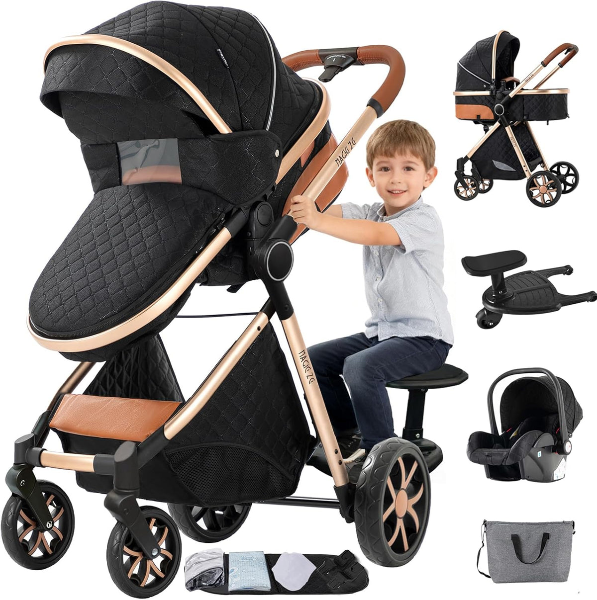 Cochecito bebé 3 en 1 FV9 Black - Segunda plataforma para niño y hasta 30 kg - Marco de aluminio con ruedas EVA - Plegado de un clic reversible con accesorios