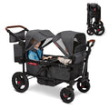 Radio Flyer Voya cochecito doble tipo wagon - 2 asientos altos cara a cara - Toldo ajustable con protección UV - Gris plegable con bandeja para aperitivos