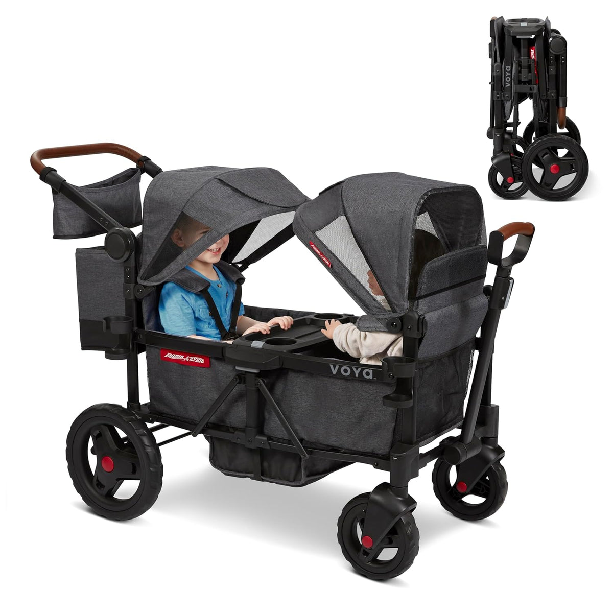 Radio Flyer Voya cochecito doble tipo wagon - 2 asientos altos cara a cara - Toldo ajustable con protección UV - Gris plegable con bandeja para aperitivos