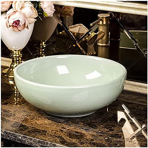 Lavabo redondo sobre encimera 41 x 15 cm - Porcelana cerámica esmaltada - Decoración retro grabada y pintada a mano - Diseño sin grifo para baño