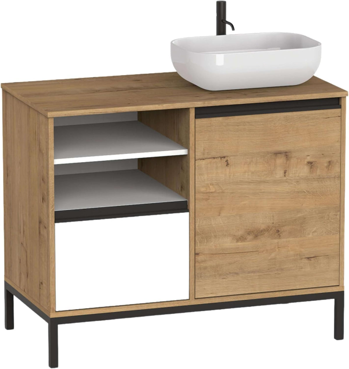 Muebles Pitarch Támesis mueble de baño 100 cm - Lavabo cerámico incluido - Cajón puerta y 2 estantes con estructura de patas - Roble Gold blanco y negro estilo industrial