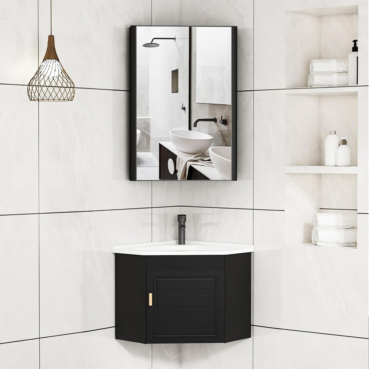 Conjunto de lavabo esquinero - Aluminio con recubrimiento resistente a la humedad - Armario con espejo y cierre suave - Instalación mural para espacios pequeños