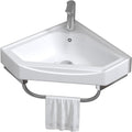 Tocador de baño de esquina suspendido - Cerámica esmaltada y acero inoxidable - Toallero integrado con grifo y desagüe - Diseño triangular para espacios pequeños